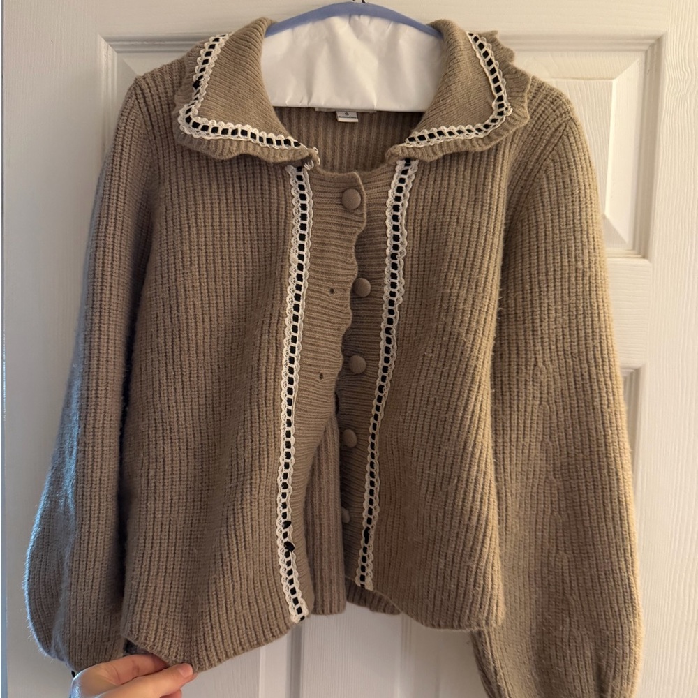 Taupe Knit Button-Front Cardigan with Cream Trim